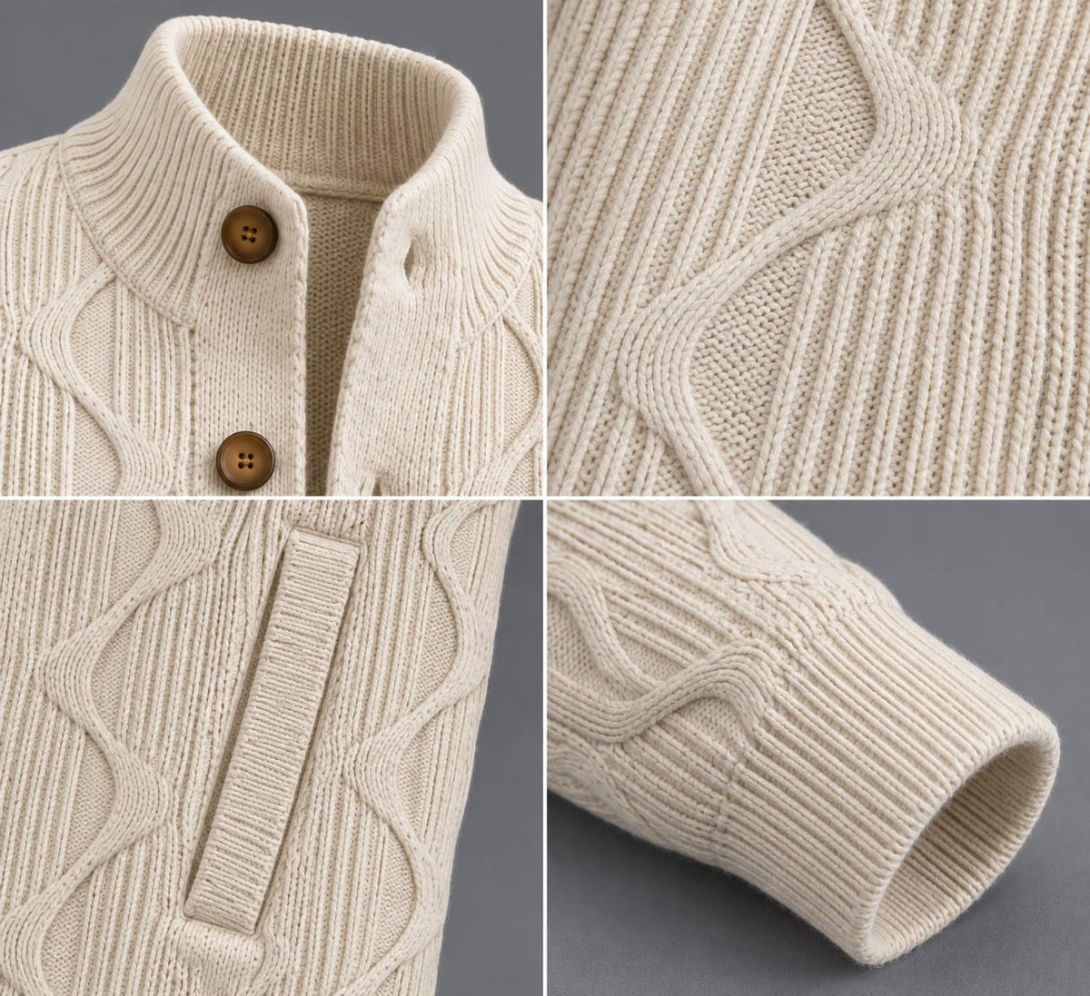 Gilet Royal – Blanc – detail – close-up of collar buttons, cable knit texture, welt pocket, ribbed cuff