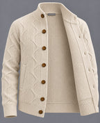 Gilet Royal – Blanc – front – open front view of off-white buttoned cardigan sweater with high collar