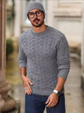 Tricot Maille Torsadée – Gris – worn – crew neck cable knit sweater, ribbed collar, cuffs and hem