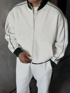 Tracksuit Set – Ivory – Blanc – worn – front zip jacket with high collar, dark green piping and cuffs