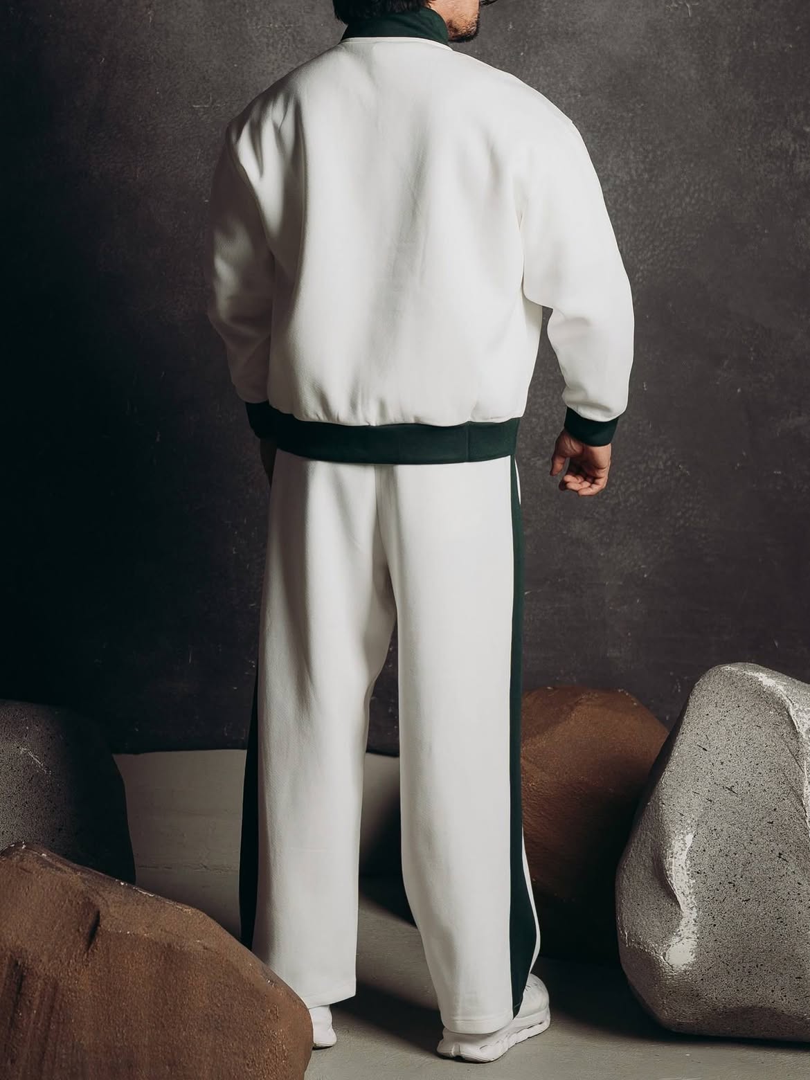 Tracksuit Set – Ivory – Blanc – back – back view of zip jacket and pants with green side stripes