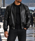 Veste Urban Black Rider – Noir – worn – Black leather bomber jacket, front zip closure, ribbed collar and hem