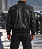 Veste Urban Black Rider – Noir – back – Back view of black leather bomber jacket with ribbed hem and cuffs