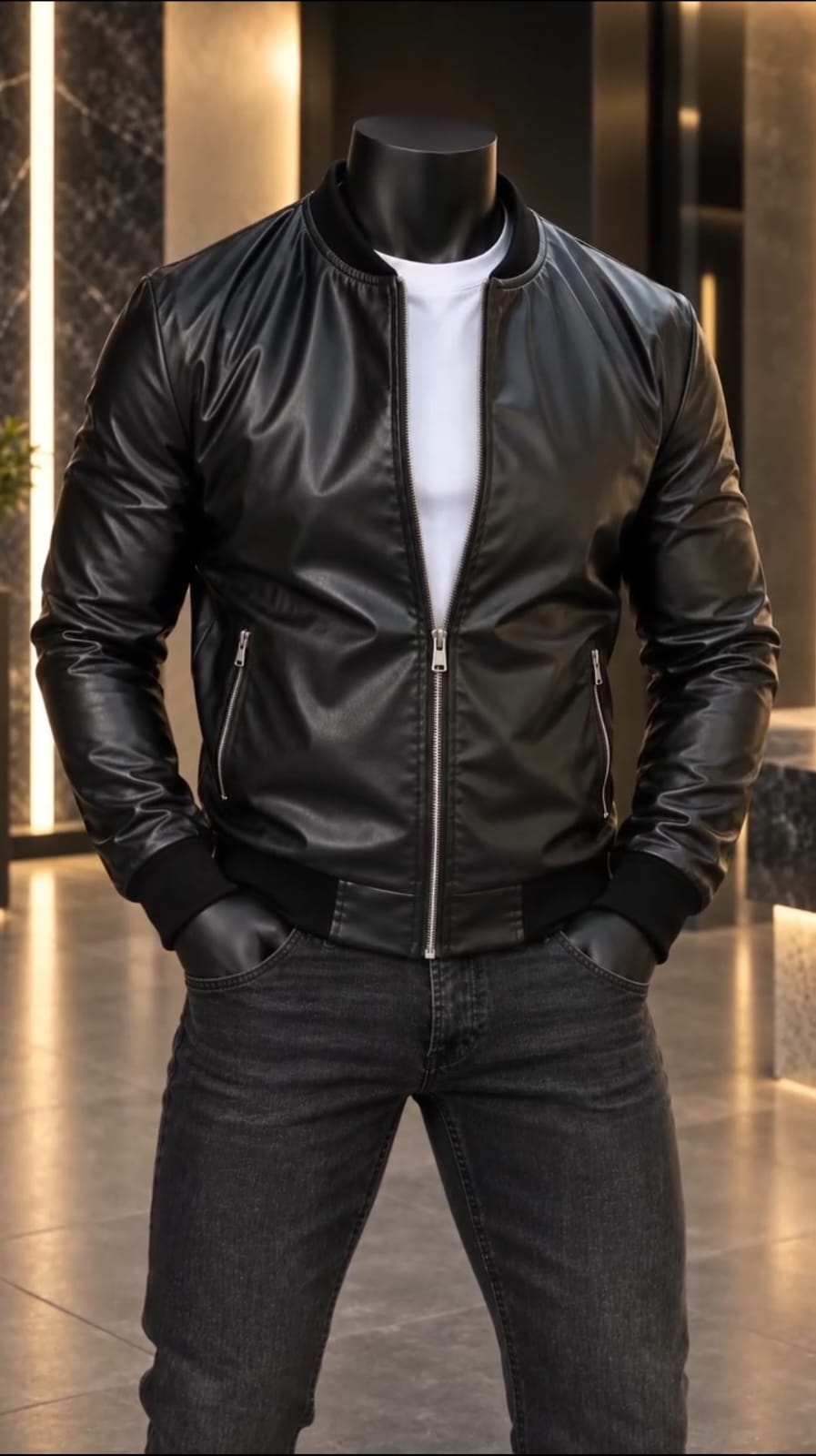 Veste Urban Black Rider – Noir – front – Front view of black leather bomber jacket on mannequin with white t-shirt