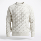 Tricot Maille Torsadée – Blanc – front – white cable knit sweater, crew neck, long sleeves, ribbed hem