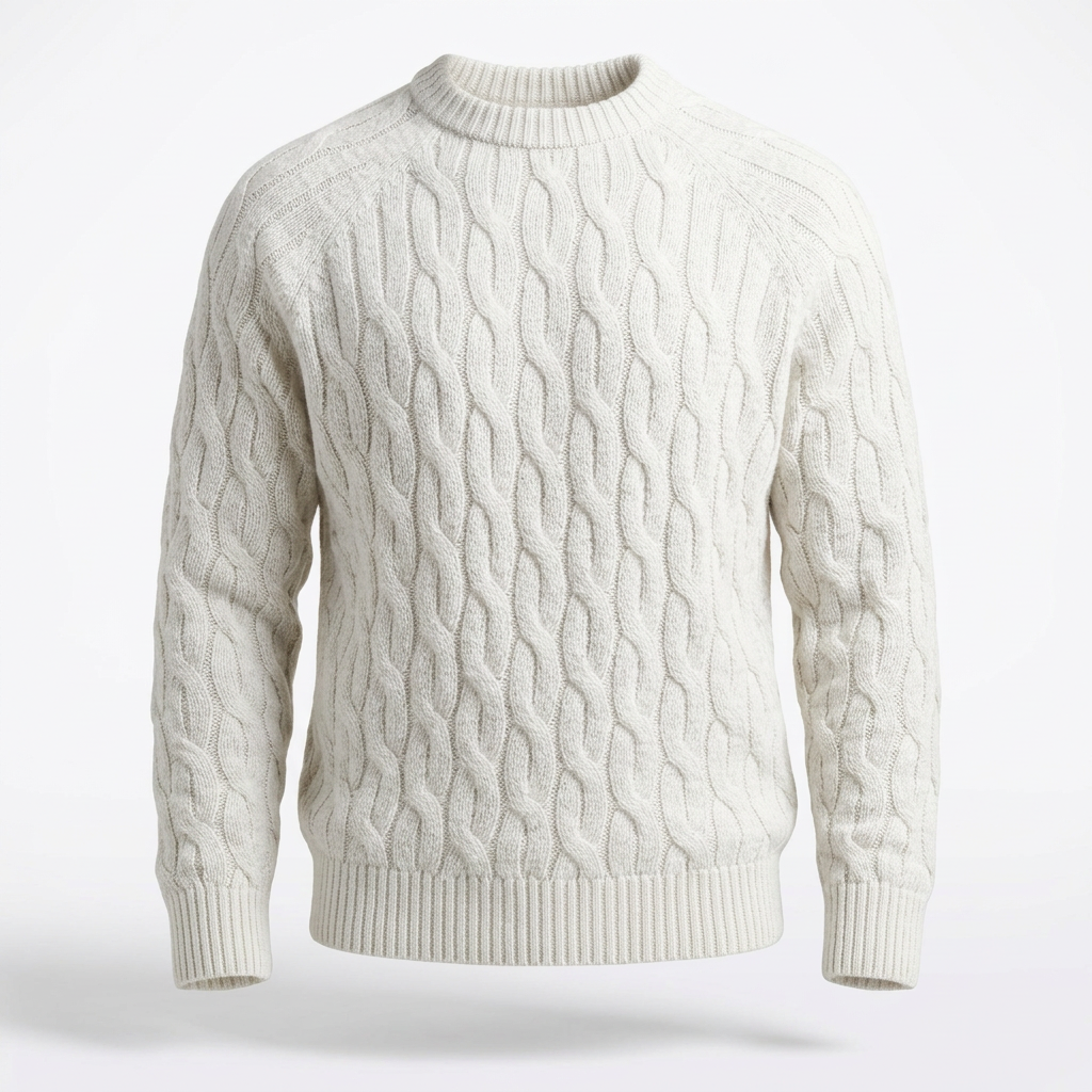 Tricot Maille Torsadée – Blanc – front – white cable knit sweater, crew neck, long sleeves, ribbed hem
