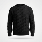 Tricot Maille Torsadée – Noir – front – black cable knit sweater, crew neck, long sleeves, ribbed hem