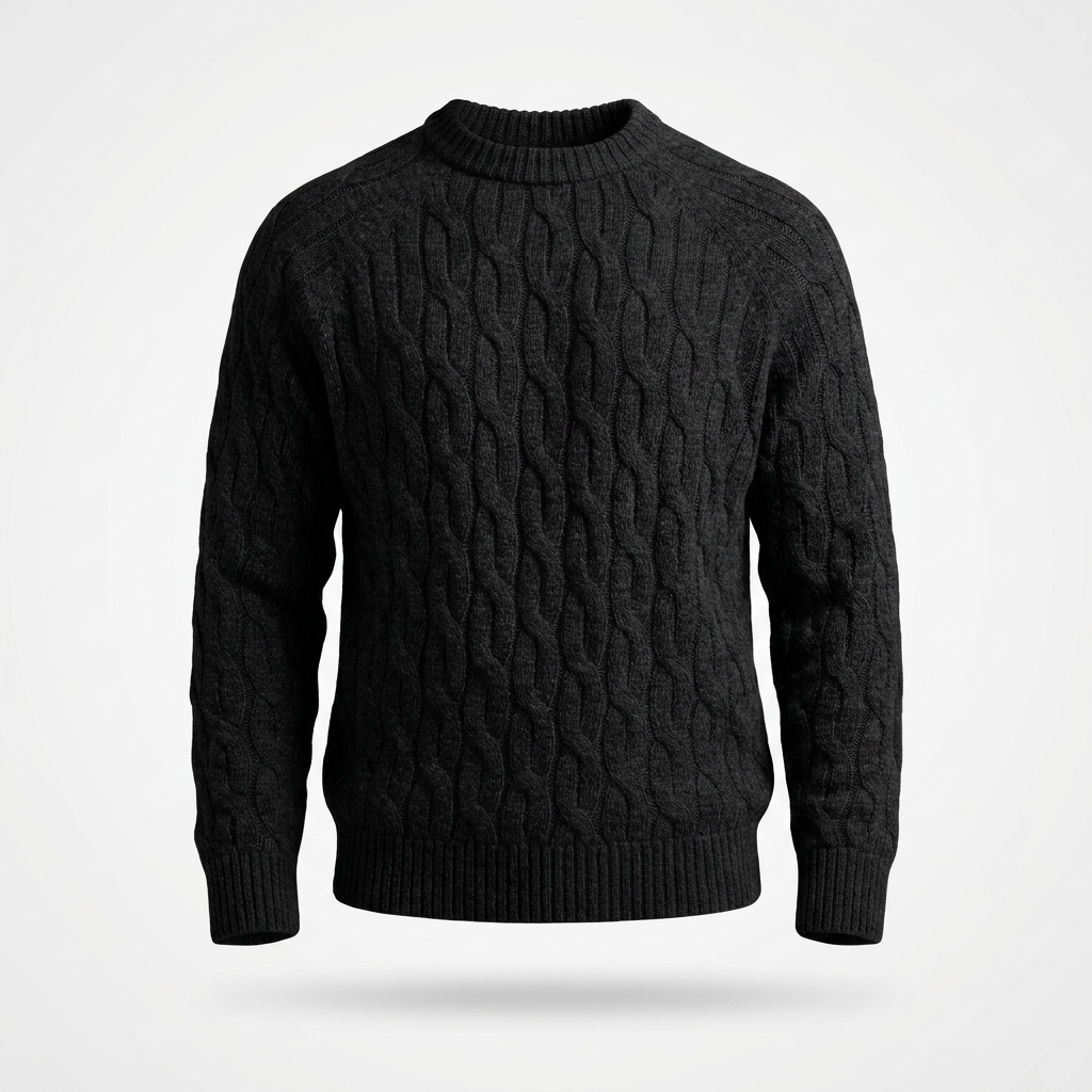 Tricot Maille Torsadée – Noir – front – black cable knit sweater, crew neck, long sleeves, ribbed hem