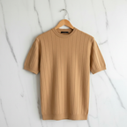 Vertical Stripe Knit T-Shirt - Beige Square