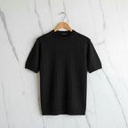 Vertical Stripe Knit T-Shirt - Black