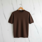 Vertical Stripe Knit T-Shirt - Brown Fixed