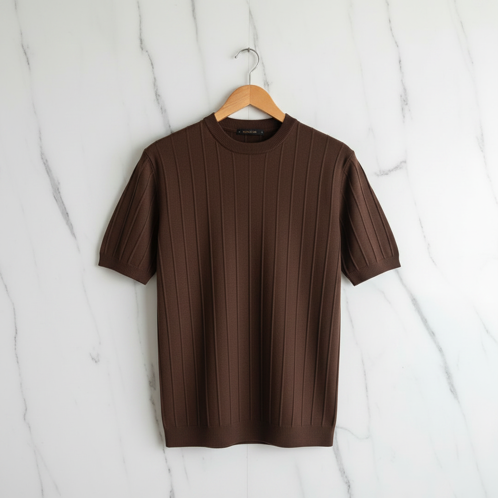 Vertical Stripe Knit T-Shirt - Brown Fixed