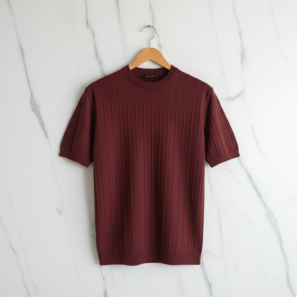 Vertical Stripe Knit T-Shirt - Burgundy