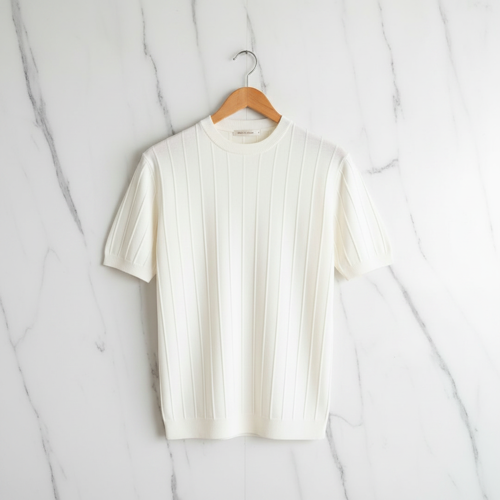 Vertical Stripe Knit T-Shirt - White