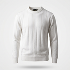 Trico Stripe Long – Blanc – front – white long sleeve sweater featuring vertical textured ribbing and crew neck