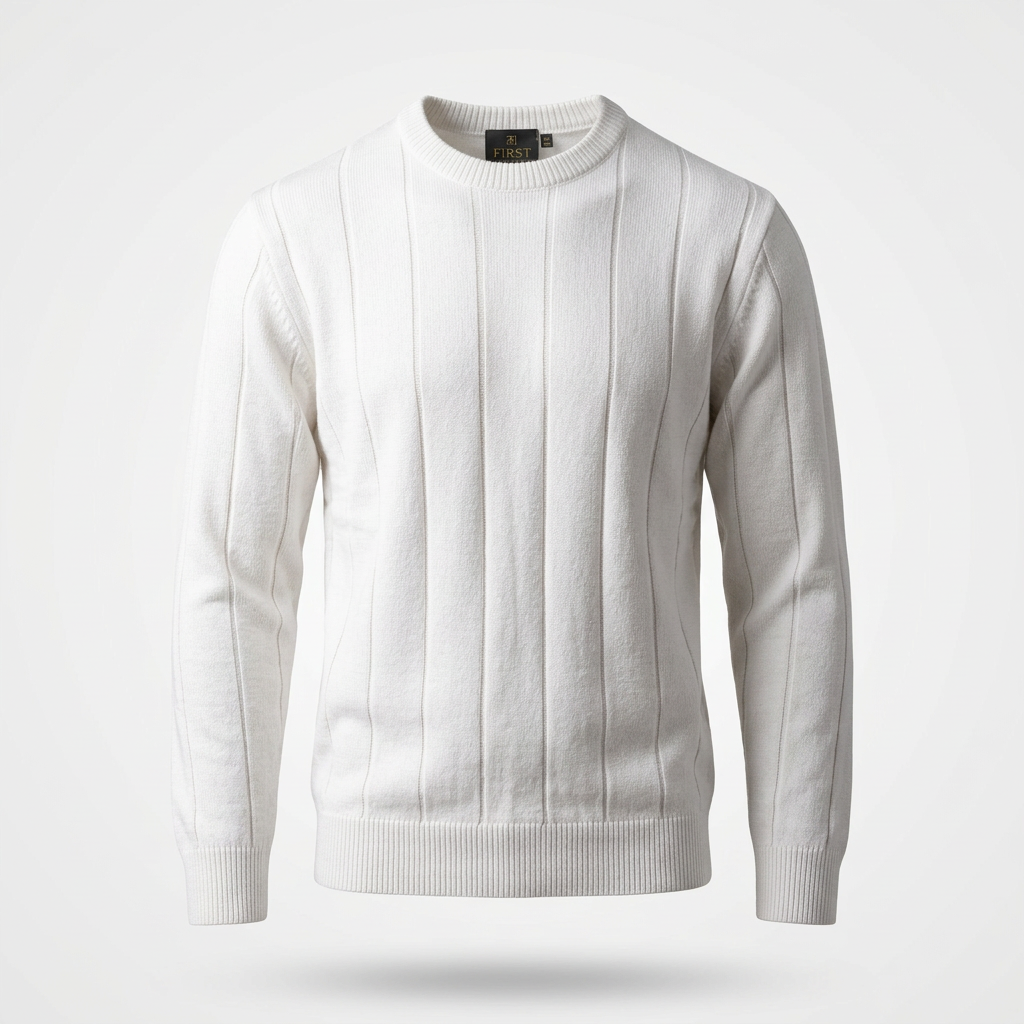 Trico Stripe Long – Blanc – front – white long sleeve sweater featuring vertical textured ribbing and crew neck